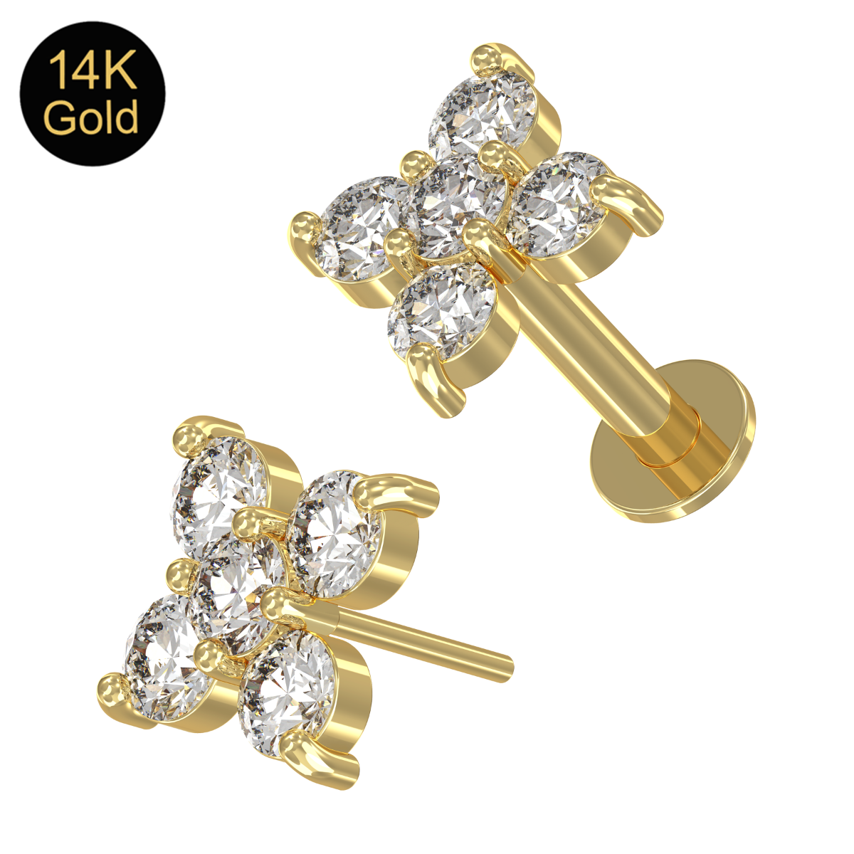 Piercing Labret Stecker 14karat Gold Gelbgold fünf 1.5mm-Kristalle mit Geschenkbox Piercing Labret Stecker 14karat Gold Gelbgold fünf 1.5mm-Kristalle mit Geschenkbox