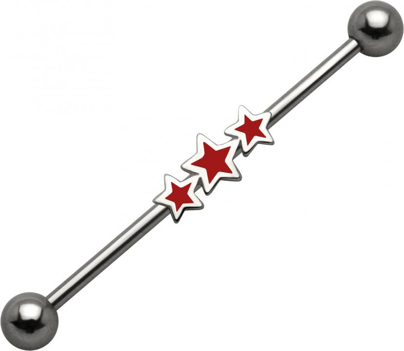 Industrial Piercing 3 rote Sterne Stahl Barbell Ohr Schmuck