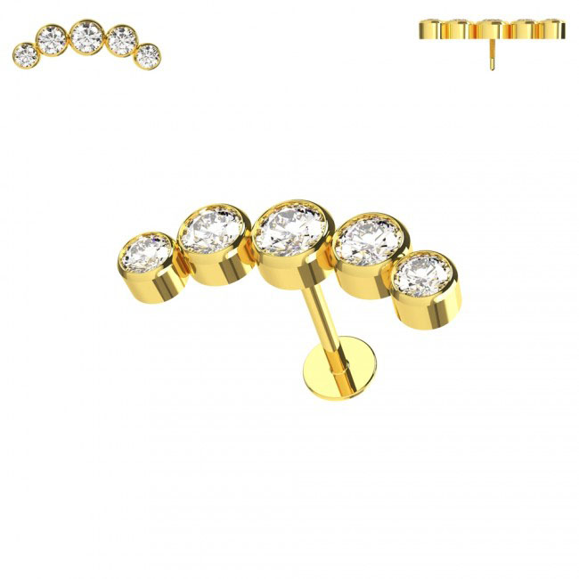 Piercing Labret Stecker 14karat Echtgold Gelbgold fünf Kristalle mit Geschenkbox