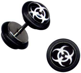p1533_4 Fake Plug Biohazard schwarz Ohr Piercing Stahl Ohrstecker