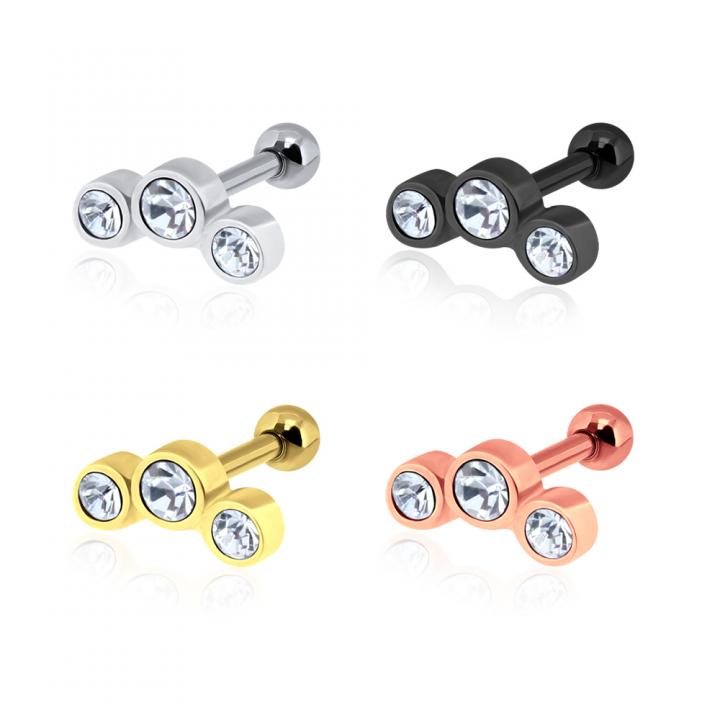 Helix Tragus Piercing Bogen 3 Kristalle silberfarbig schwarz goldfarbig roségoldfarbig