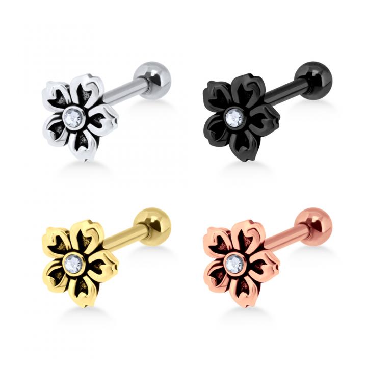 Helix Tragus Piercing Blüte mit Kristall silberfarbig schwarz goldfarbig roségoldfarbig