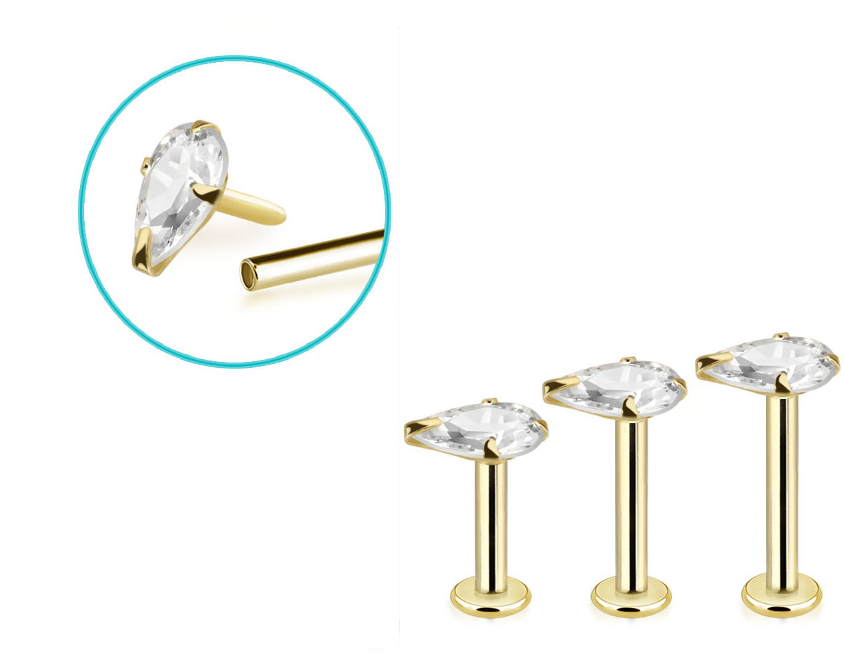 Piercing Labret Stecker 14karat Echtgold Gelbgold eingefasster tropenförmiger Kristall mit Geschenkbox