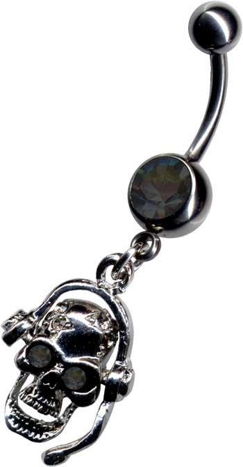 p1296_4 RAUS-DAMIT-PREIS Bauchnabelpiercing mit Totenkopf Headset schwarz Stahl Schmuck