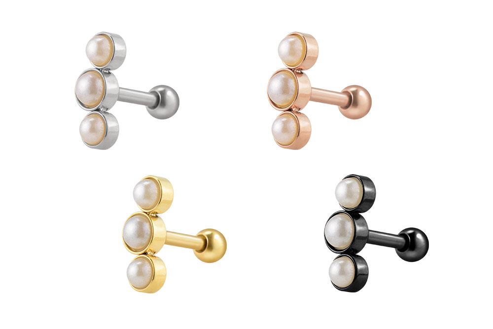 Helix Tragus Piercing silber schwarz gold rosé mit drei synth. Perlen 1.2mm x 6mm