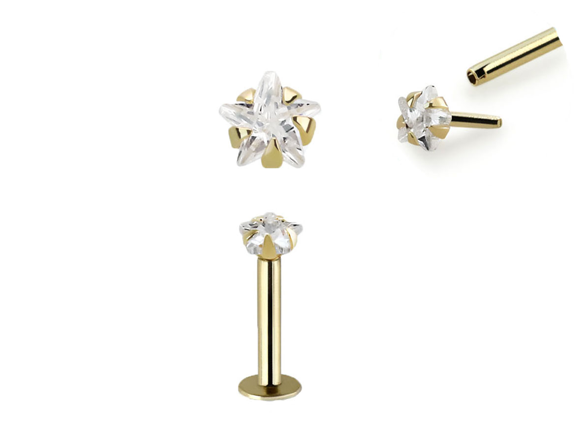 🦚 Piercing Labret Stecker 14karat Gold Gelbgold Kristallstern mit Geschenkbox 🦚 Piercing Labret Stecker 14karat Gold Gelbgold Kristallstern mit Geschenkbox