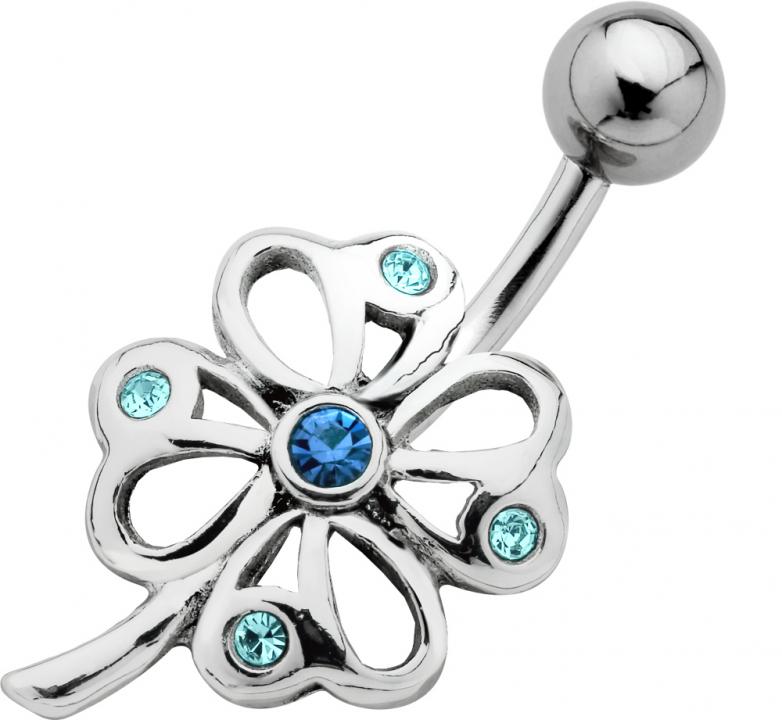 Bauchnabelpiercing Kleeblatt mit Kristall Steinen Blau