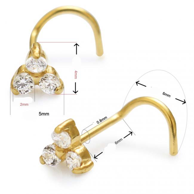 14karat Echtgold Nasenstecker Spirale drei Kristalle Nasenpiercing Gelbgold mit Geschenkbox