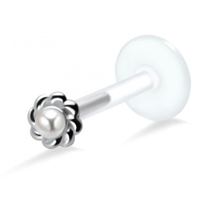 PTFE Tragus Labret Blume mit Kunstperle silber schwarz goldfarbig roségoldfarbig