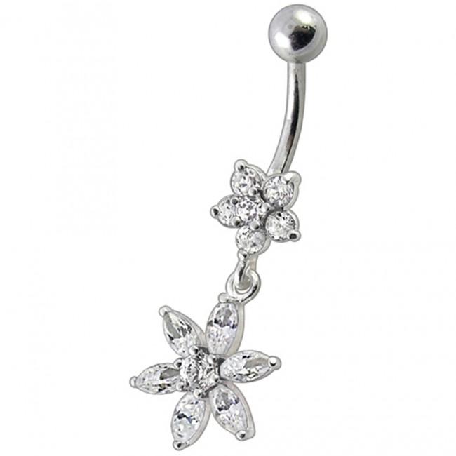 Bauchnabelpiercing Titan 925er Silber-Motiv Blumen  8mm/10mm/12mm Stablänge