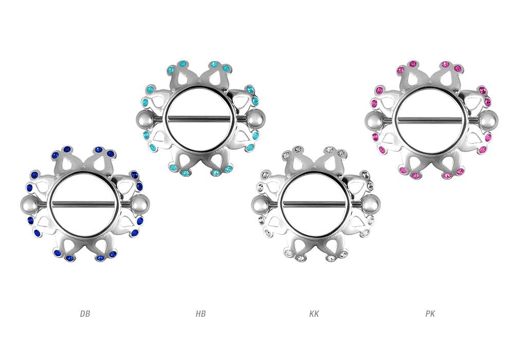 Brustwarzenpiercing mit Schild aus Silber und Kristallen