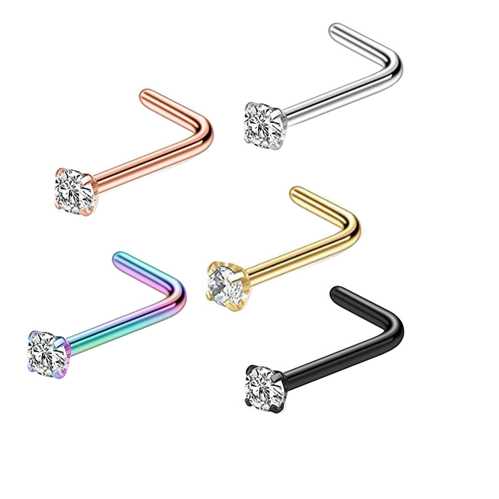 Nasenstecker L-Form mit 2mm-Kristall Chirurgenstahl 316L silberfarbig schwarz goldfarbig roségold regenbogen