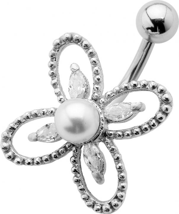 Bauchnabelpiercing Kristall Blume mit Perle Stahl Banane 10mm