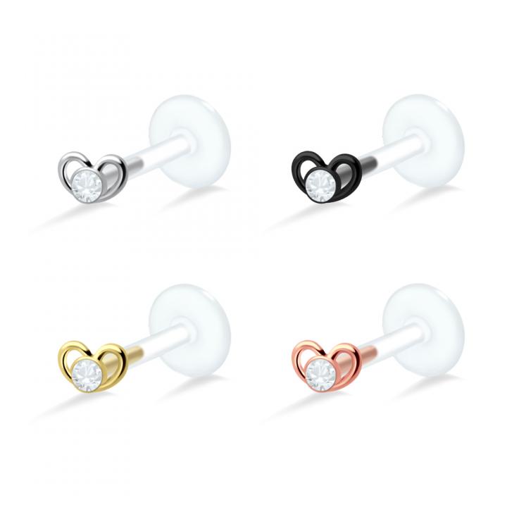 PTFE Tragus Labret Kristallherz silber schwarz goldfarbig roségoldfarbig