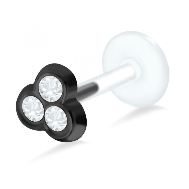 PTFE Tragus Labret drei Kristalle silber schwarz goldfarbig roségoldfarbig