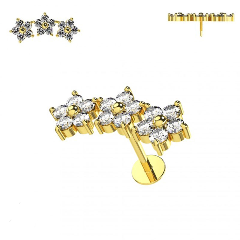 Piercing Labret Stecker 14karat Echtgold Gelbgold drei Kristallblüten mit Geschenkbox