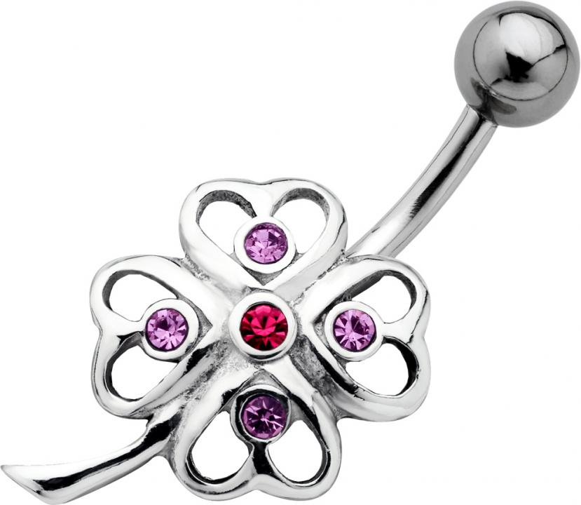 Bauchnabelpiercing Kleeblatt mit Kristall Steinen Lila/Pink