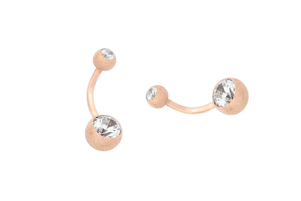 RL146 Piercing Banane in Diamantoptik rosegoldfarbig mit zwei Kristallen Stahl Bauchnabel 1.6mm Stärke-