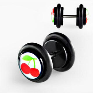 ilvgr19 Fake Plug Schwarz Kirschen UV-Motiv Ohr Piercing Stahl Ohrstecker