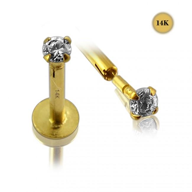 Piercing Labret Stecker 14karat Echtgold Gelbgold 2mm-Kristall Steckaufsatz mit Geschenkbox