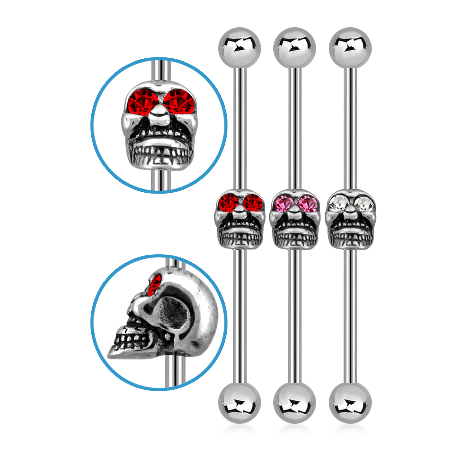 Industrial Barbell Totenkopf Chirurgenstahl mit Kristallen