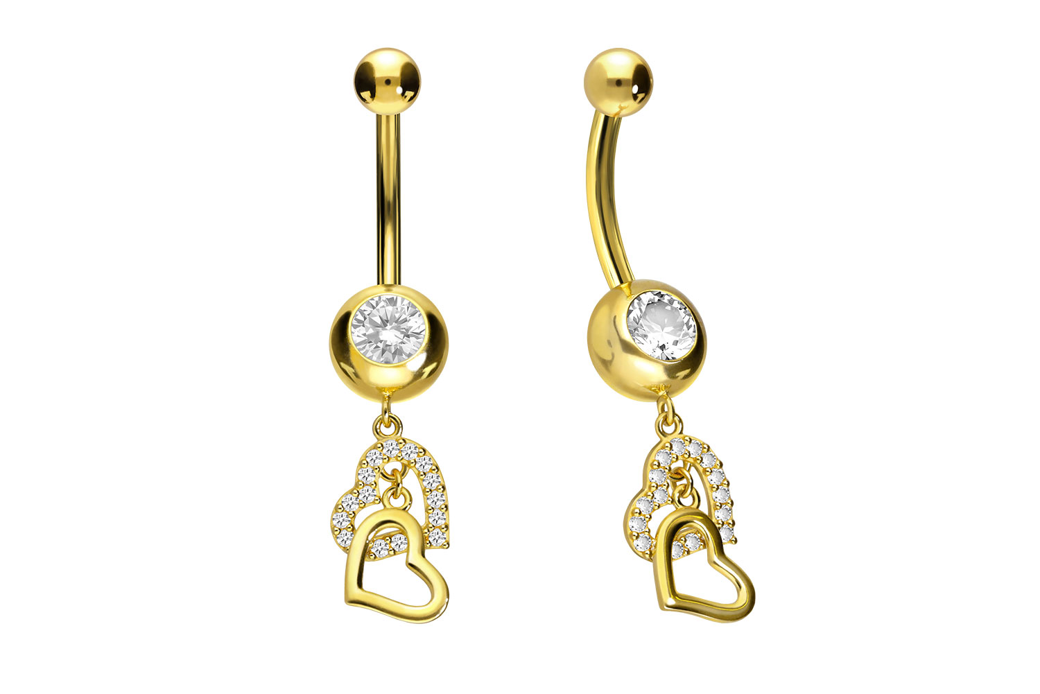 Bauchnabelpiercing 18karat Echtgold Gelbgold mit zwei Herzen und Kristallen