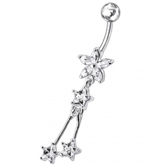 Bauchnabelpiercing Titan 925er Silber-Motiv Blume und Sterne