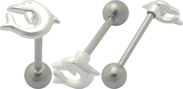 sspbtp003 Zungenpiercing Barbell mit Delfin Silber Motiv Stahl o Titan 1.6