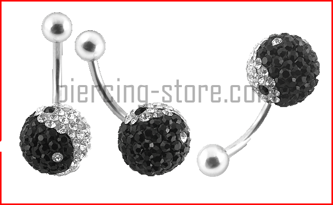 Bauchnabelpiercing Yin Yang Multi Kristall Kugel Klar/Schwarz Stahl