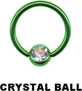 17008 BCR Piercing Ring Grün mit klarer Kristall Kugel Klemmring Stahl