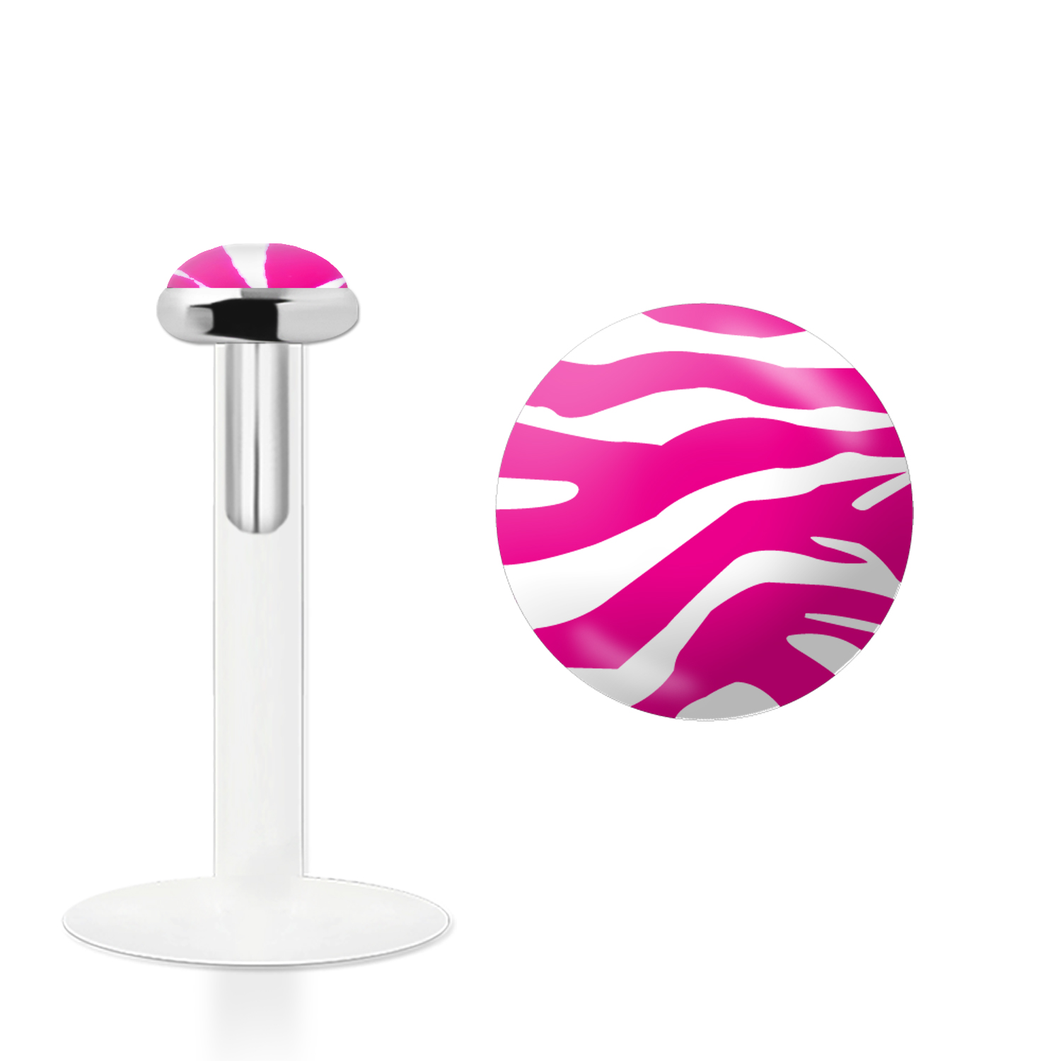 Labret Stecker Bioflex mit Steckaufsatz aus Silber und Logo-Motiv Zebra pink