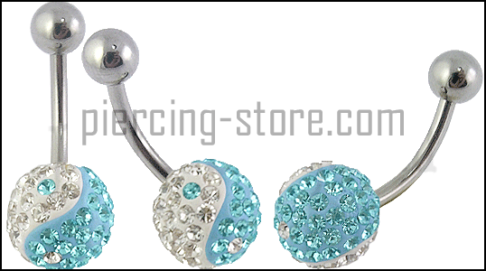 Bauchnabelpiercing Yin Yang Multi Kristall Kugel Hellblau/Klar Stahl