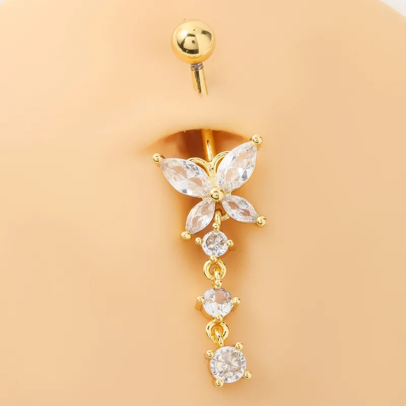 Bauchnabelpiercing Chirurgenstahl 316L goldfarbig Schmetterling mit Kristallanhänger
