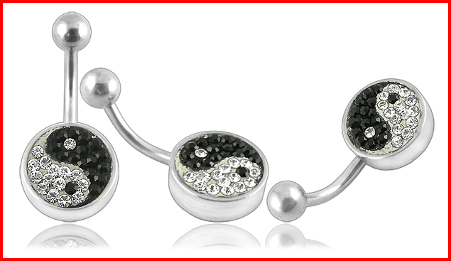 Bauchnabelpiercing Yin Yang Klar-Schwarz flache Multi Kristallkugel