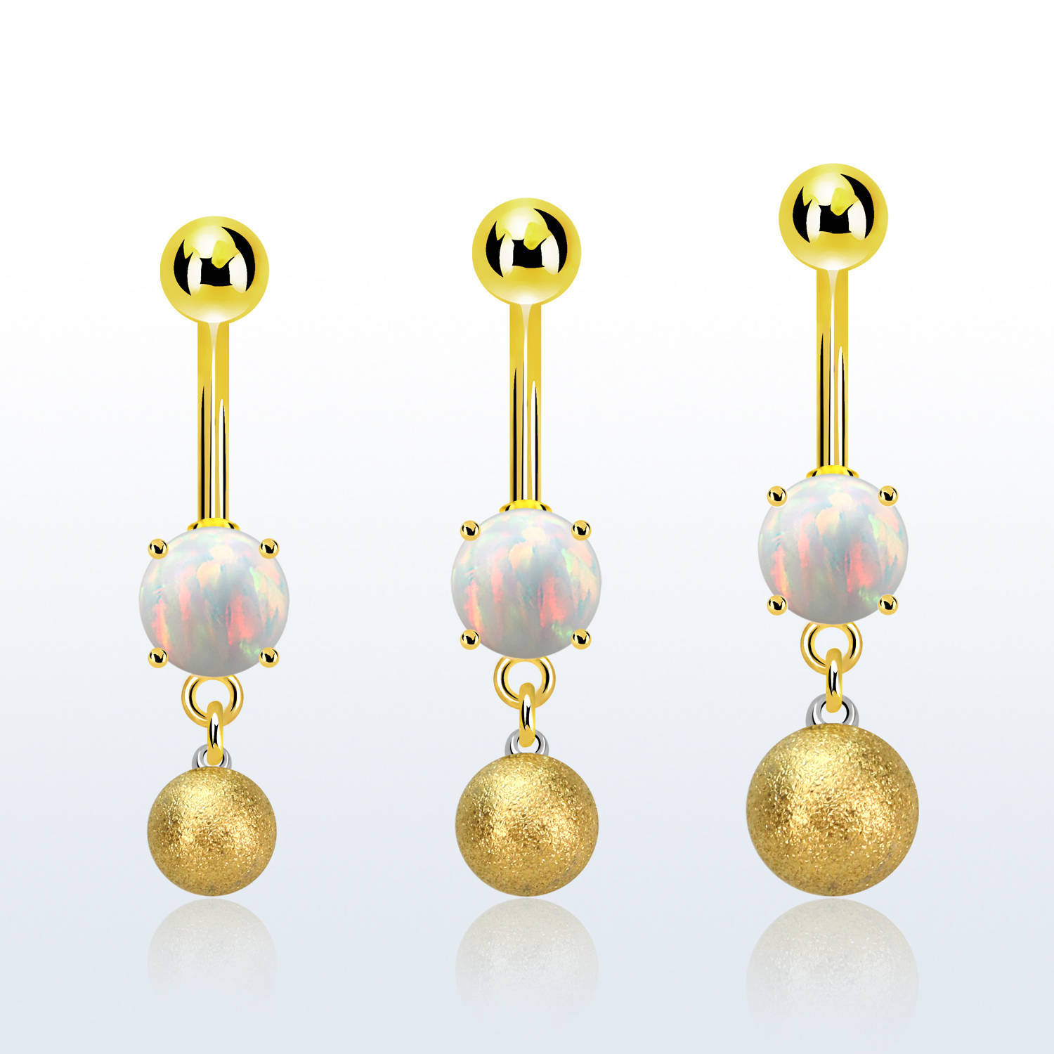 Bauchnabelpiercing goldfarbig mit synthetischem eingefasstem 7mm-Opal und 6mm-Diamantoptikkugel