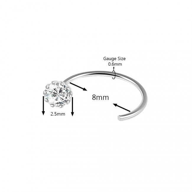 Offener Nasenring 925er Silber mit 2.5mm-Kristall  Nasenpiercing  0.6mm x 8mm