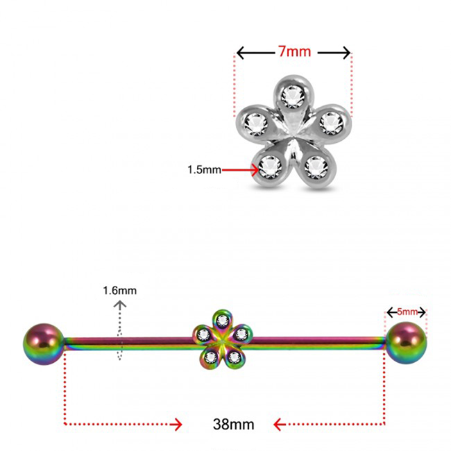 Industrial Piercing Kristallblume silberfarbig goldfarbig roségoldfarbig regenbogenfarbig