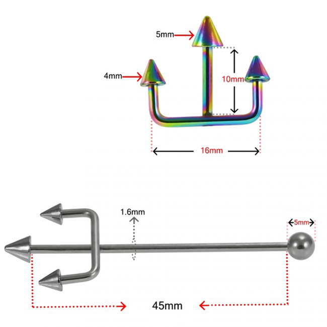 Industrial Piercing Dreizack silberfarbig goldfarbig roségoldfarbig regenbogenfarbig