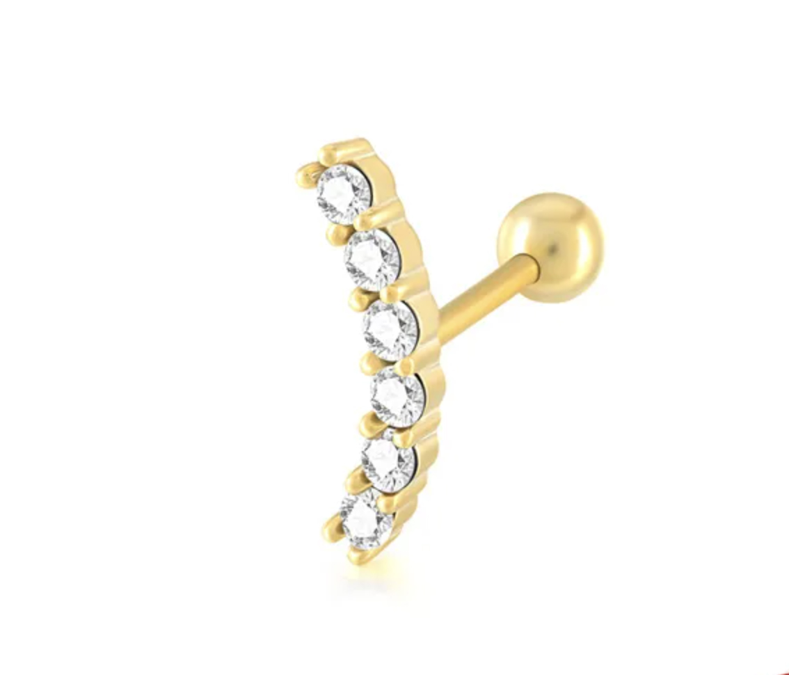 Helix Tragus Piercing aus 925er Sterling Silber vergoldet mit sechs eingefassten Kristallen
