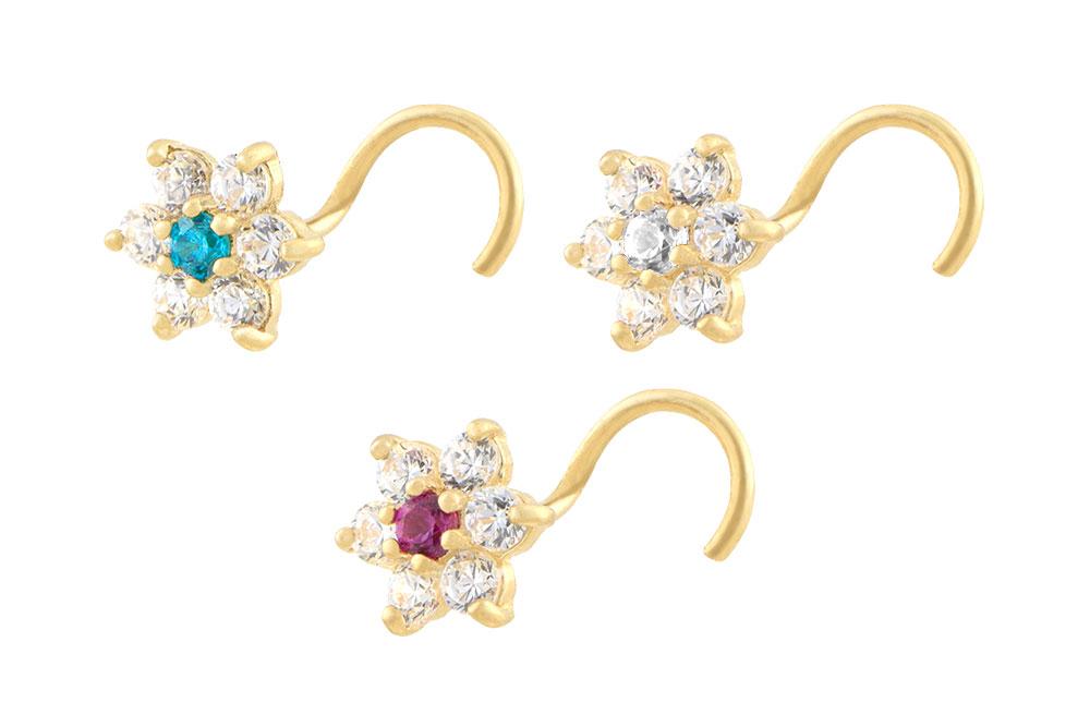 RG583 18Karat (750er) Echtgold Nasenstecker Spirale 5mm-Kristallblume