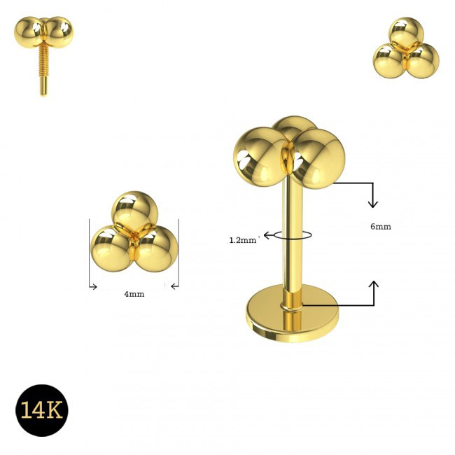 Piercing Labret Stecker 14karat Echtgold Gelbgold Innengewinde drei Kugeln mit Geschenkbox