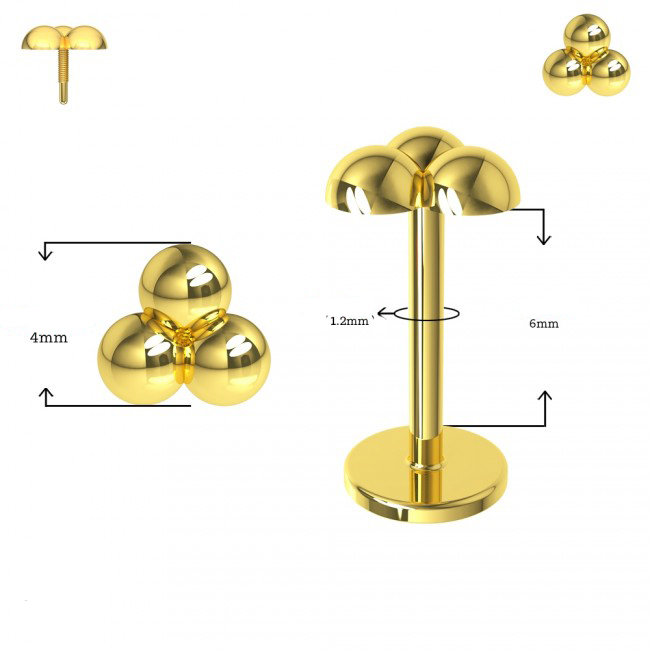 Piercing Labret Stecker 14karat Echtgold Gelbgold Innengewinde Trinity mit Geschenkbox