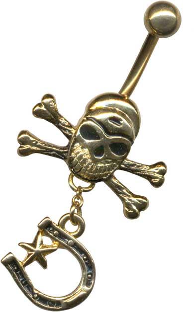 p1864_4 RAUS-DAMIT-PREIS Bauchnabelpiercing Totenkopf goldfarbig Stahl Schmuck