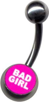 p1520_4 Bauchnabelpiercing Schriftzug Bad Girl Motiv Kugel Stahl Banane