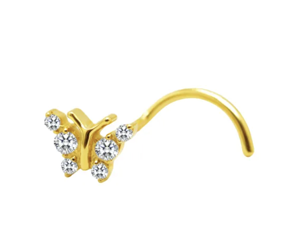 Nasenpiercing Spirale aus Titan goldfarbig Schmetterling mit sechs Kristallen