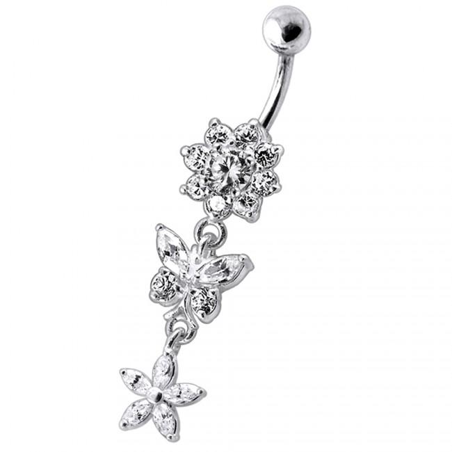 Bauchnabelpiercing Titan 925er Silber-Motiv Blume Schmetterling  8mm/10mm/12mm Stablänge