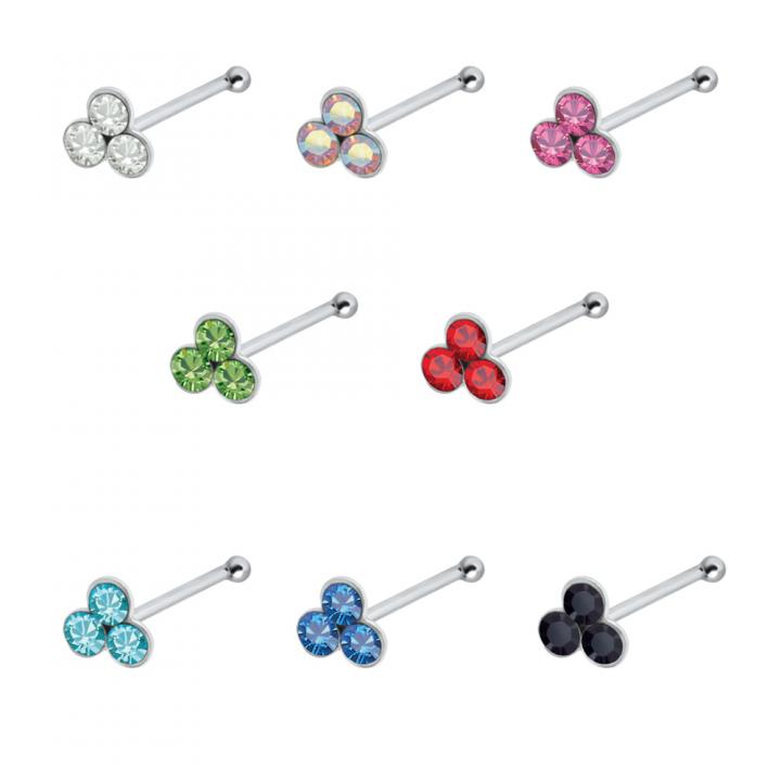 Nasenstecker Pin Silber drei Kristalle silberfarbig mit acht wählbaren Kristallfarben