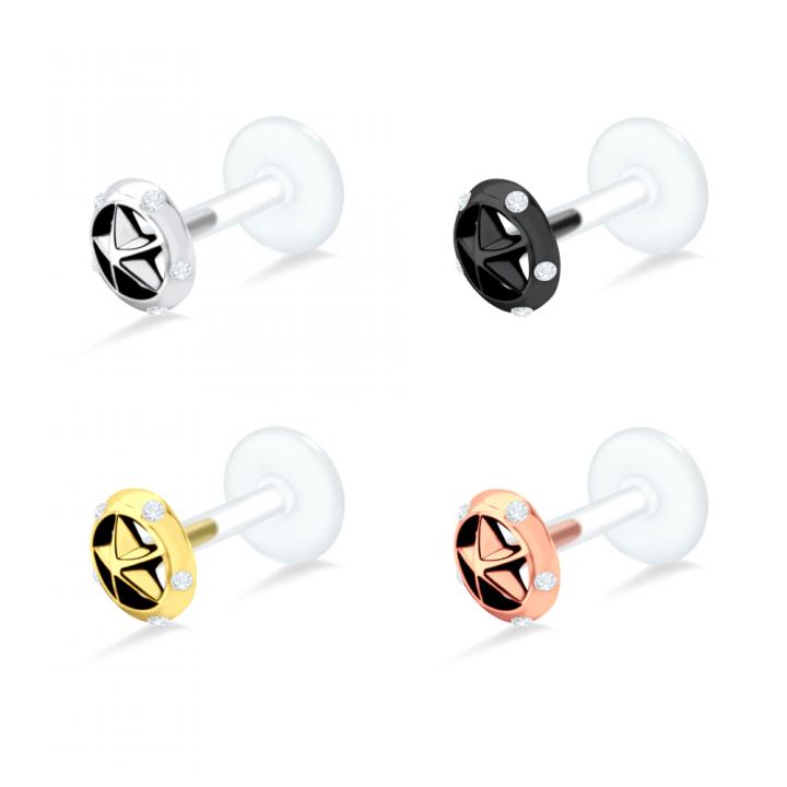 PTFE Tragus Labret Kristallstern silber schwarz goldfarbig roségoldfarbig