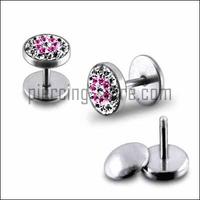 Piercing Fake Ohr Plug Multi Kristall Rosa/Weiss Stahl Ohrstecker