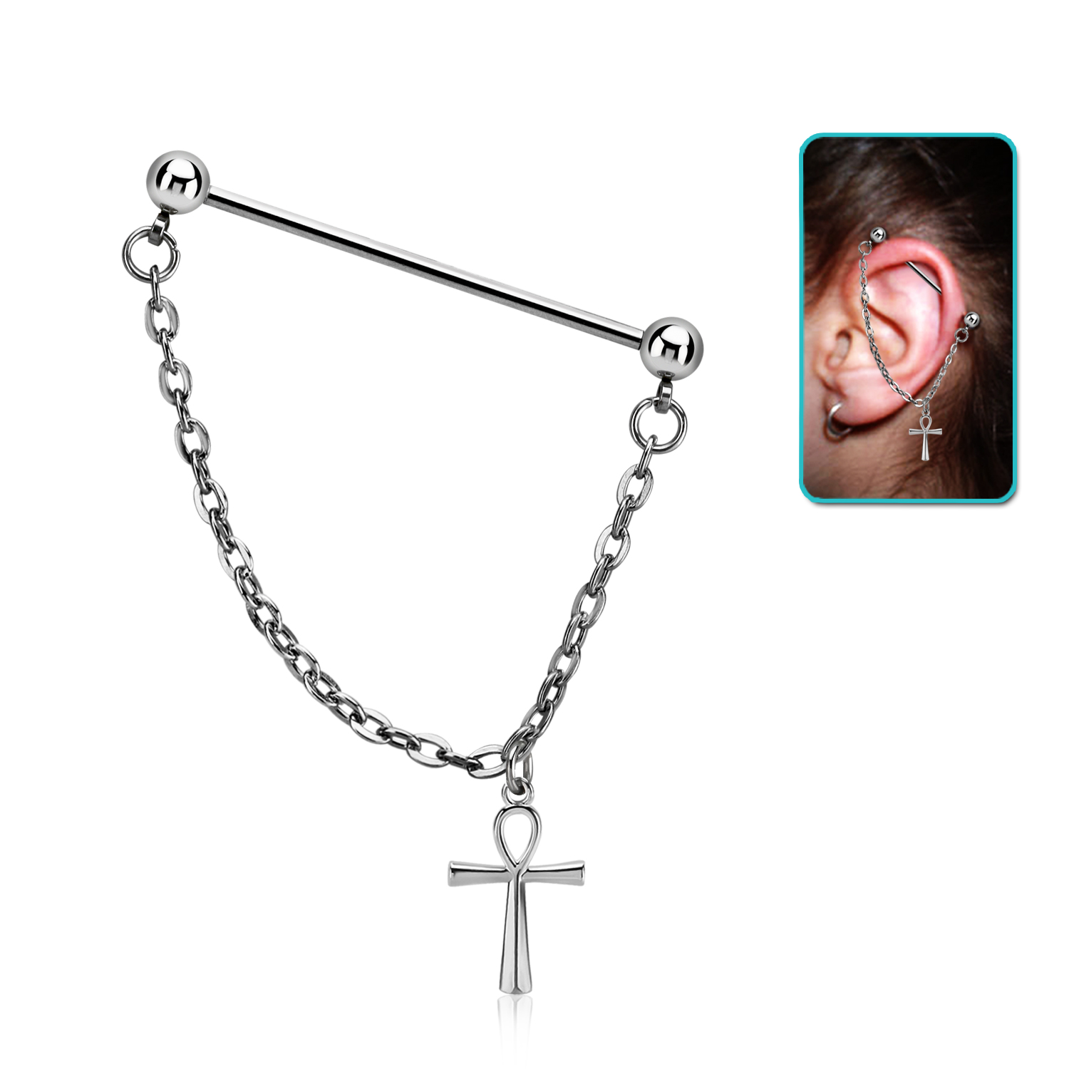 Industrial Barbell Chirurgenstahl mit Kette und Ankh-Kreuz